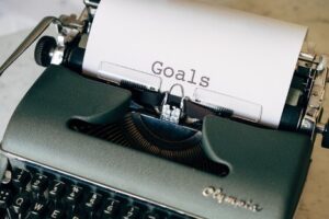 A typewriter with the words "Goals" at the top, using the effectiveness DBT skill to establish goals and do what is needed to meet those goals