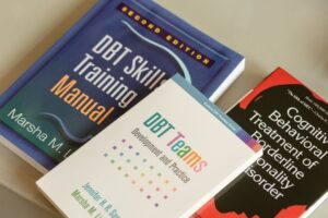Three books, "DBT Skills Training Manual", "DBT Teams", and "Cognitive Behavioral Treatment of Borderline Personality Disorder", which our clinicians read as part of their DBT training