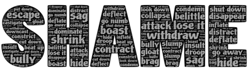 Word "shame" with other words inside the word including; "escape", "bully", "downcast", "insult", "boast", "attack", "gloat".