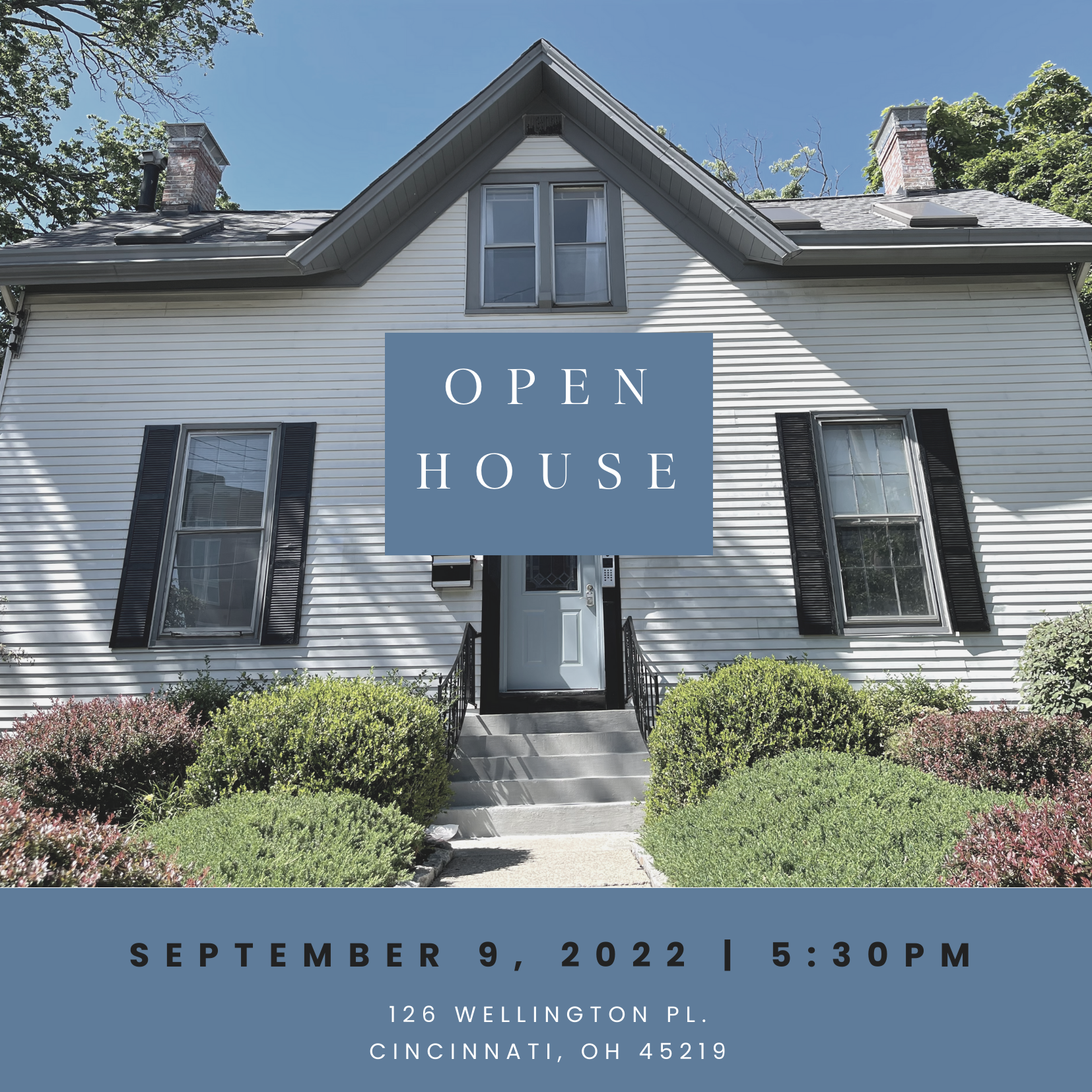 Cincinnati Center for DBT Open House Invitation Cincinnati Center for DBT front of therapy office building, with text stating open house 9/9 5:30-7:30PM at 126 Wellington Pl, Cincinnati, OH 45219